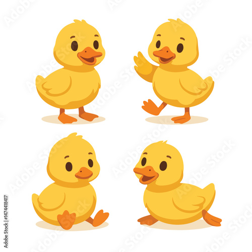 A charming set of four cartoon baby duck illustrations in various poses.