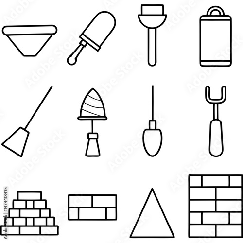 Outlined masonry and construction tools on white background isolated