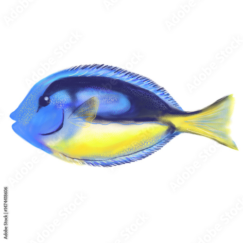 Hand drawn ocean Blue Tang or Palette Surgeon fish illustration, tropical exotic sea art in soft pastel style.
