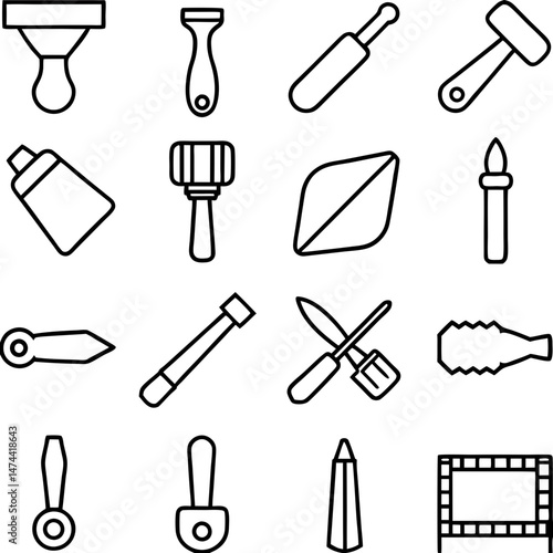 Black and white line drawing showcasing various artistic tools