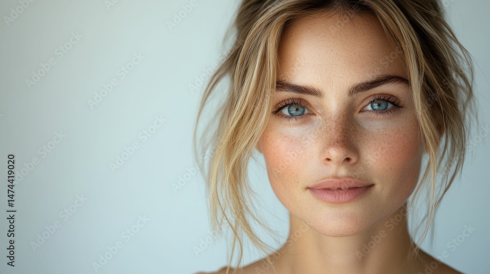 Naklejka premium A portrait of a beautiful Caucasian woman with blonde hair, aged 25, with a model-like appearance, set against a white studio background with copy space