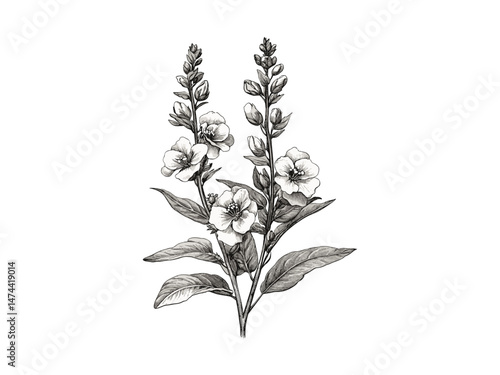 Angelonia flower bloom sketch, vintage flora illustration, antique engraving style, garden plant artwork, hand-drawn botanical print, trendy floral decor, engraved flower design,