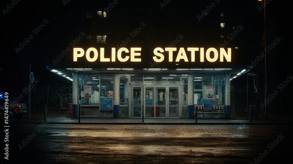 Fototapeta premium The police station stands illuminated at night, displaying a bold glowing sign. Its bright lights highlight the building's structure and surroundings, conveying safety and protection