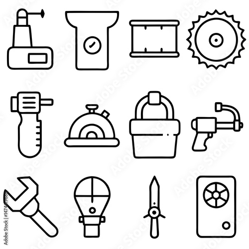 Outline drawing of various workshop and mechanical tools