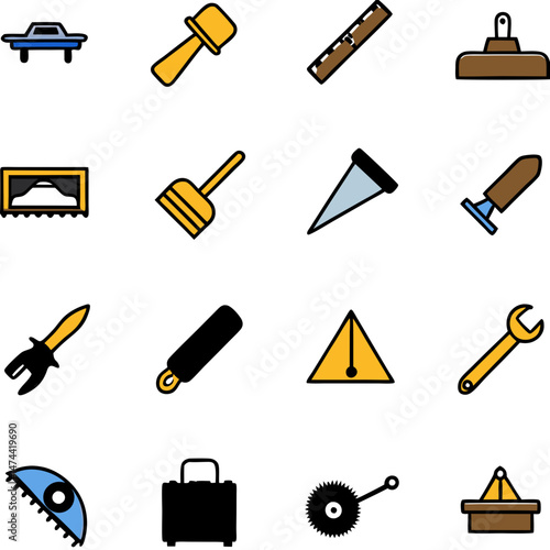 Assorted construction and repair tools arranged on white backdrop