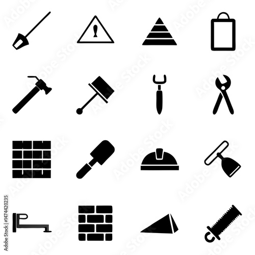 Construction tools and warning sign icons in flat style