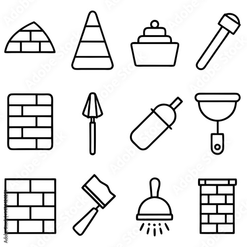 Set of construction tools and masonry in outline style