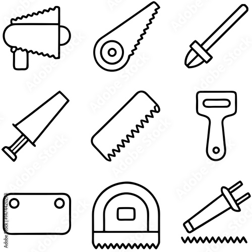 Outlined Construction and Woodworking Tools Collection on White Background