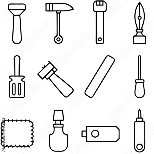 Outlined leather crafting tools collection, minimalist style isolated vector