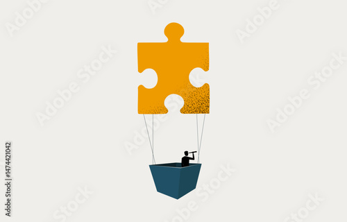 Businessman flying on jigsaw piece balloon looking through telescope, finding business partner concept, minimal business design.
