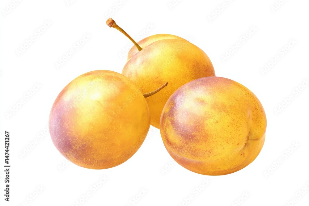 Fototapeta premium Three ripe plums, golden yellow with hints of purple, rest on a white background.