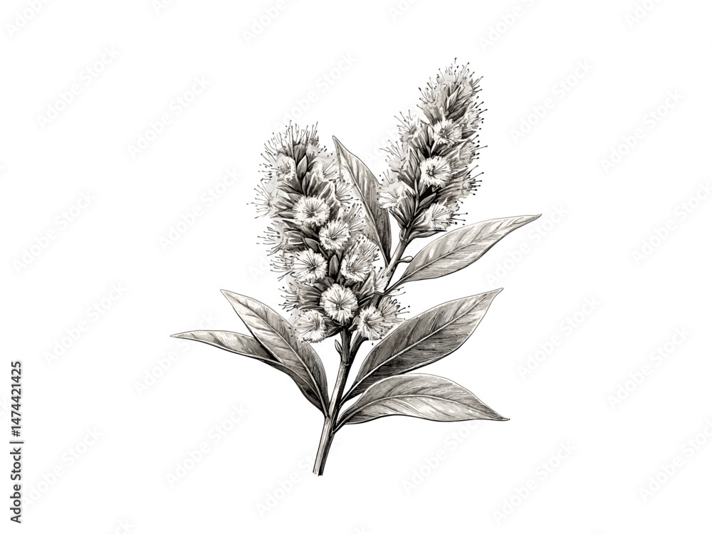 Fototapeta premium Vintage engraved bottlebrush flower sketch, rustic nature decor, antique floral illustration, trendy hand-drawn art, black sketch, engraved botanical motif, bloom design.