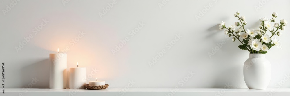 Rustic white shelf, burned candles, white flowers in neutral vases , shabby chic, wooden shelf, vintage Rustic white shelf, burned candles, white flowers in neutral vases , shabby chic, wooden shelf, vintage