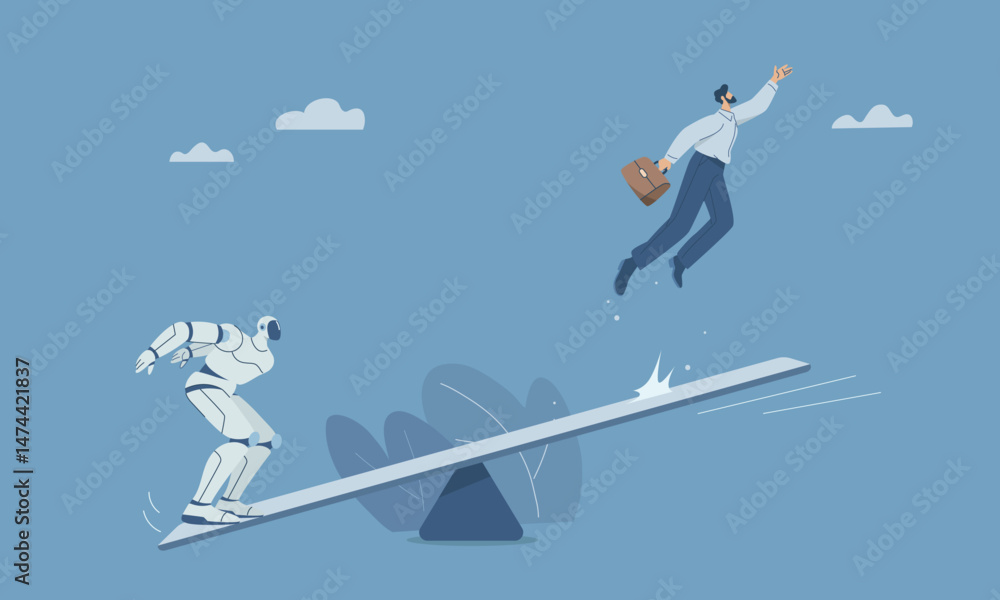 Robot helps businessman to jump high on seesaw, Artificial intelligence supports and helps business to succeed, Human with AI automation technology. Flat vector design illustration. Robot helps businessman to jump high on seesaw, Artificial intelligence supports and helps business to succeed, Human with AI automation technology. Flat vector design illustration.