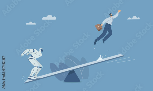 Robot helps businessman to jump high on seesaw, Artificial intelligence supports and helps business to succeed, Human with AI automation technology. Flat vector design illustration.