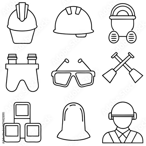 Outline Icons Depicting Construction and Safety Equipment Symbols