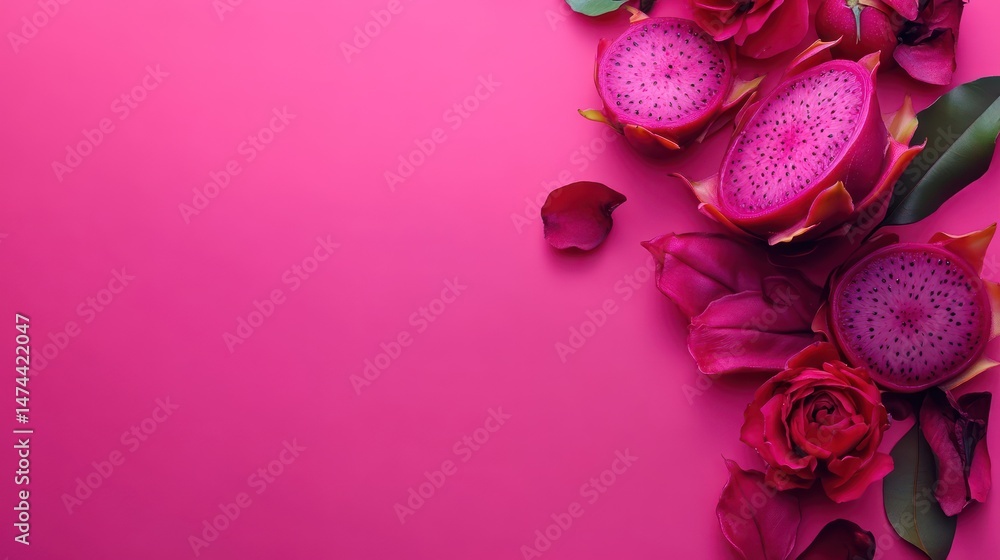 Pink Dragon Fruit, Roses, & Leaves Flatlay Pink Dragon Fruit, Roses, & Leaves Flatlay