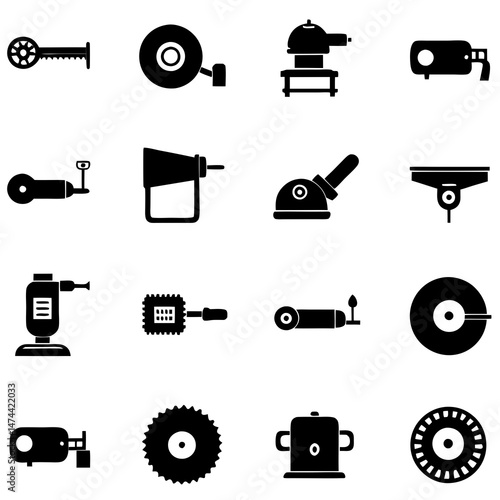 Black and white industrial tools collection graphic illustration