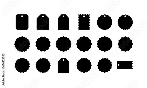 A collection of eighteen black tag and label silhouettes in various shapes and designs, including rectangular, circular, and starburst styles, each with a hole for attachment.