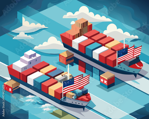 Two Cargo Ships with American Flags Sailing on a Calm Ocean Representing International Trade and Maritime Commerce
