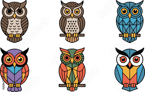 Colorful vector illustration of six decorative owls with different designs and backgrounds