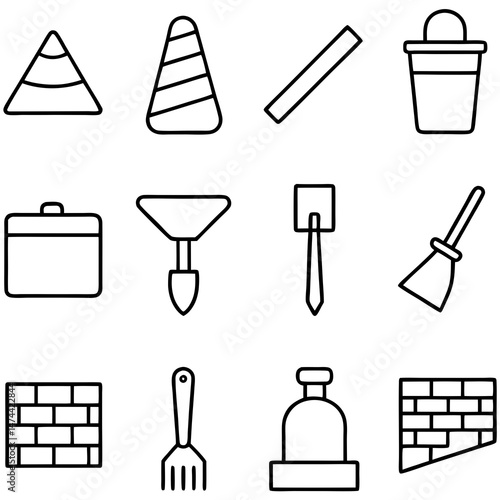 Simple outline drawing with construction and gardening tool set
