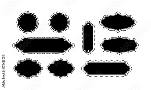 A collection of nine blank retro vintage badges in various shapes and ornate border designs.