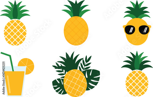 Vector illustrations of various pineapples showcasing summer tropical vibes and refreshing fruit drinks