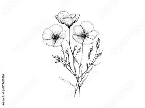 Retro garden bloom motif, hand-drawn flax flower engraving, antique floral design, trendy black sketch, vintage botanical art print, rustic nature decor, botanical wall art, garden-inspired decor