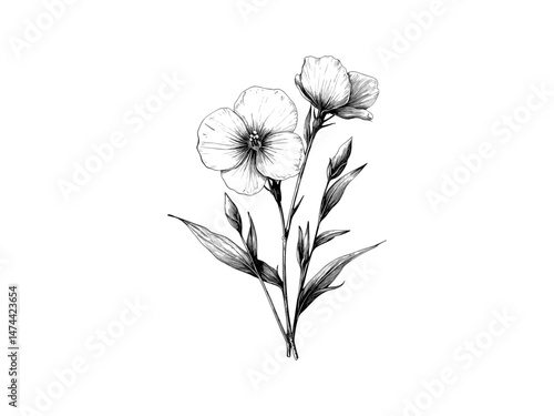 Vintage floral sketch, hand-drawn flax flower, antique engraving, rustic nature print, retro garden bloom motif, black botanical sketch, vintage garden art, trendy floral wall decor