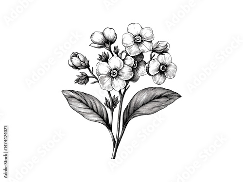 Hand-drawn Forget-Me-Not flower engraving, vintage botanical sketch, trendy wildflower decor, antique style flora, black floral art, forget-me-not bloom, old engraving illustration