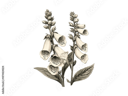 Foxglove bloom engraving, hand-drawn botanical illustration, vintage nature art, black sketch, retro floral decor, old engraving style, antique print, trendy home decor, classic nature art