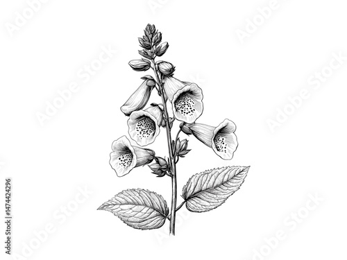 Hand-drawn foxglove flower spike, vintage floral sketch, rustic print decor, trendy engraved bloom motif, antique botanical illustration, old engraving style, black sketch, botanical wall decor