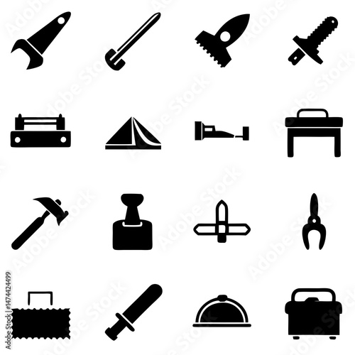 Assorted tools and equipment icons isolated on white background