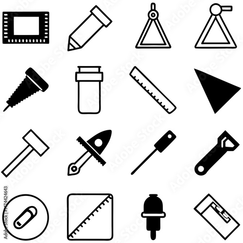 Collection of isolated engineering and construction tools in black and white