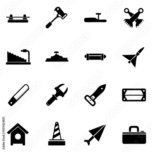 Silhouette icons of tools and everyday objects on white