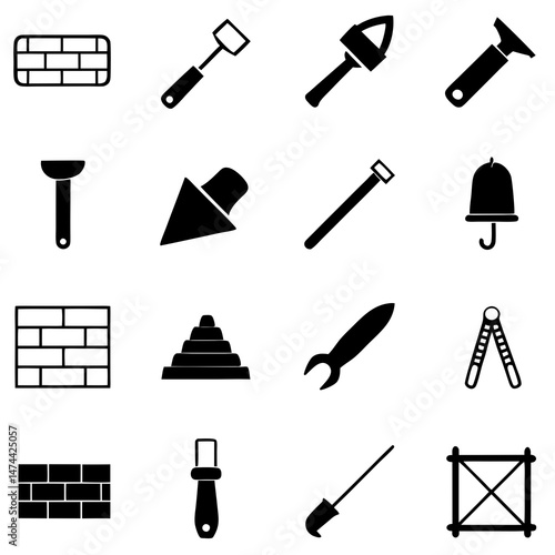 Simple black and white line art of construction tools
