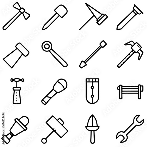 Collection of simple tools and implements line art illustration