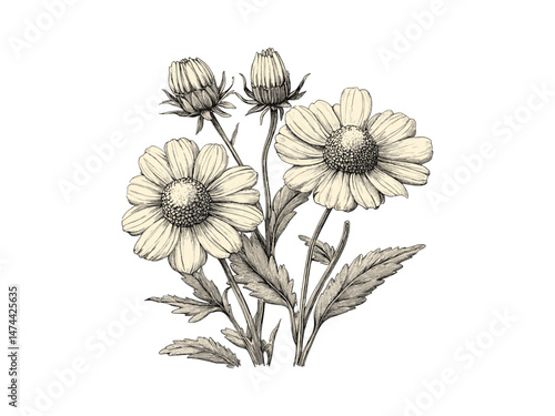 Golden chamomile hand-drawn sketch, vintage floral engraving, spring summer bloom, antique flower art, trendy nature decor, black line drawing, illustration print