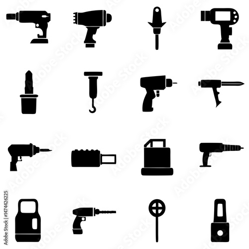 Silhouetted Hand Tools Grid Illustration Featuring Power Tools