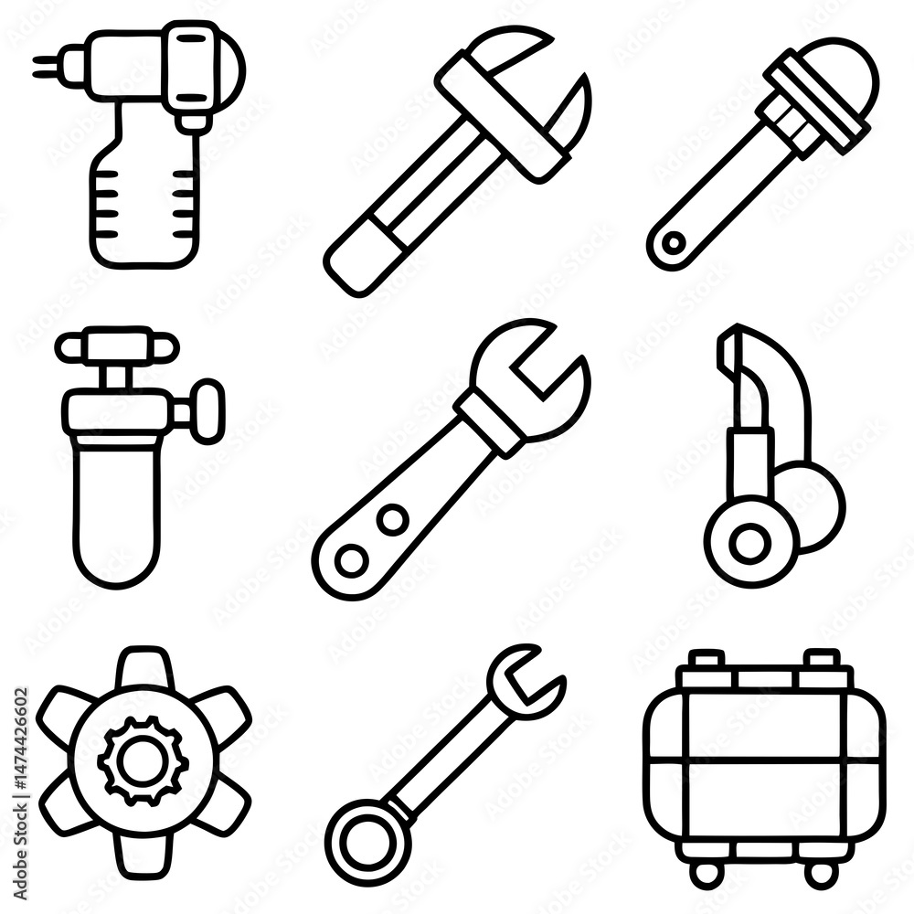 Outline icons of various tools, industrial and engineering Outline icons of various tools, industrial and engineering