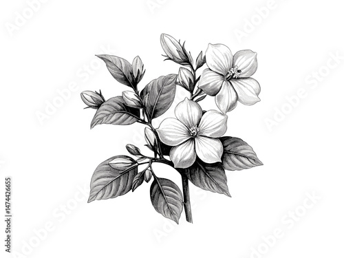 Trendy jasmine engraving sketch, vintage floral illustration, hand-drawn botanical flower art, nature print, retro black line decor, flower poster design, antique flora wall art,