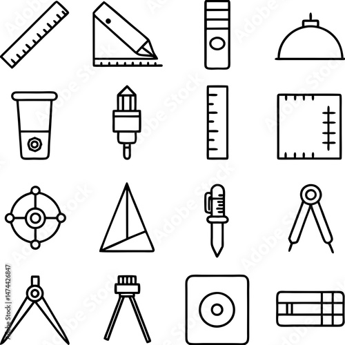 Architectural drawing tools line icons arrangement on white background