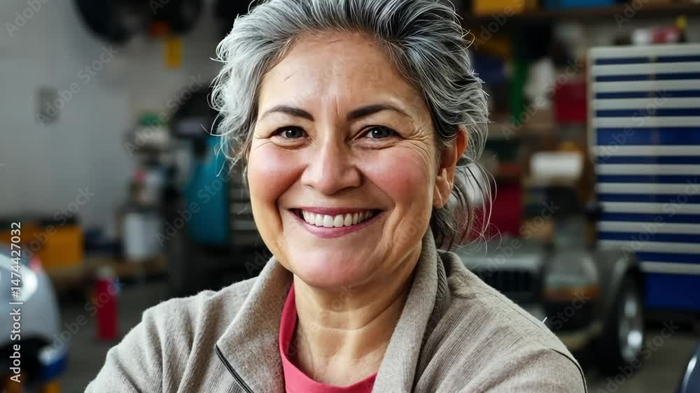 Portrait of a happy senior woman working as mechanic in a garage, smiling with arms crossed Portrait of a happy senior woman working as mechanic in a garage, smiling with arms crossed