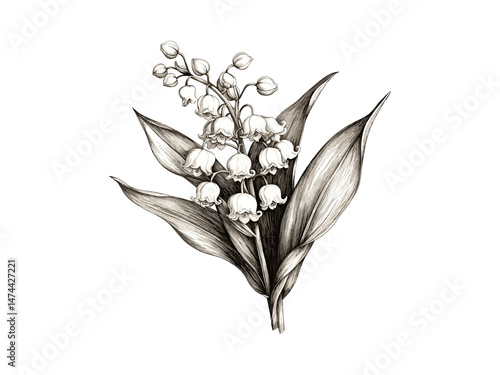 Hand-drawn engraving of lily of the valley, vintage floral sketch, antique botanical decor motif, engraved bloom print, rustic garden illustration, black sketch, trendy old engraving style