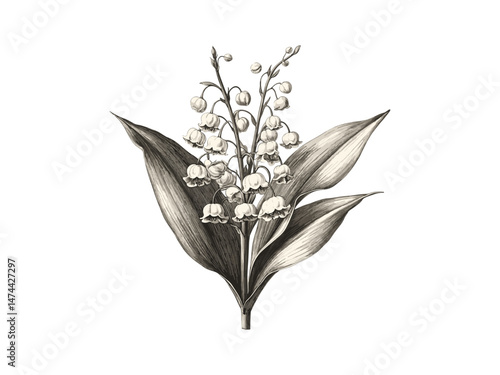 Vintage floral sketch, hand-drawn lily of the valley engraving, engraved botanical decor motif, black sketch, rustic garden illustration, antique bloom print, trendy old style engraving