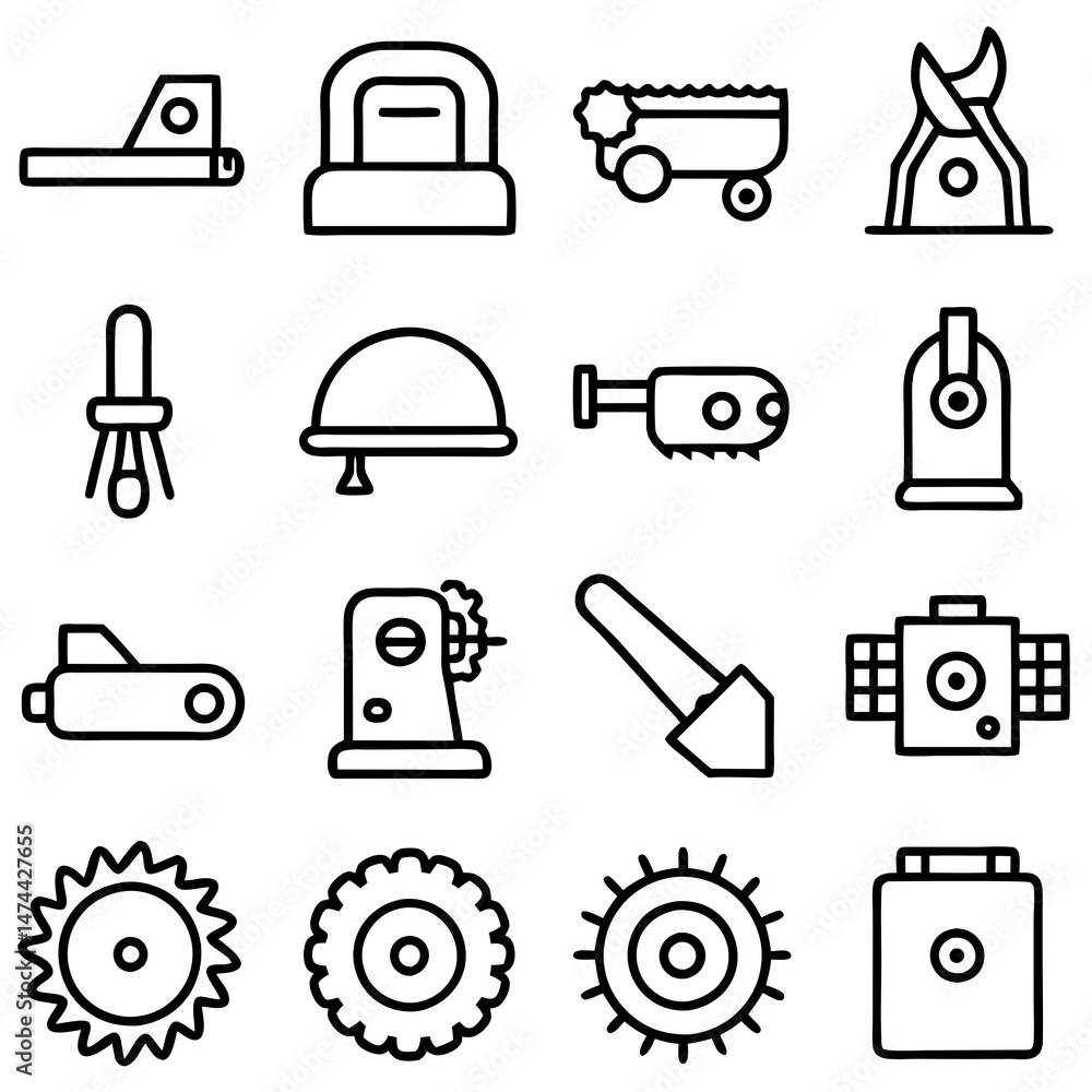 Assorted tools and equipment line icons on white backdrop Assorted tools and equipment line icons on white backdrop