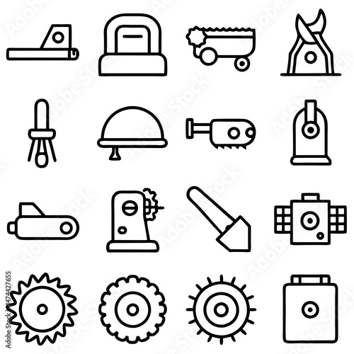 Assorted tools and equipment line icons on white backdrop