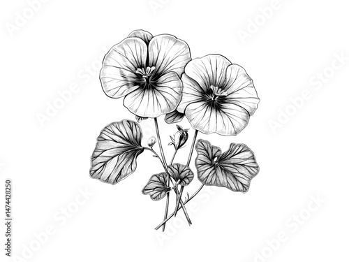 Vintage hand-drawn nasturtium flower, botanical illustration, retro floral sketch, antique engraving style, elegant black sketch, nostalgic garden decor, floral art motif, classic design.
