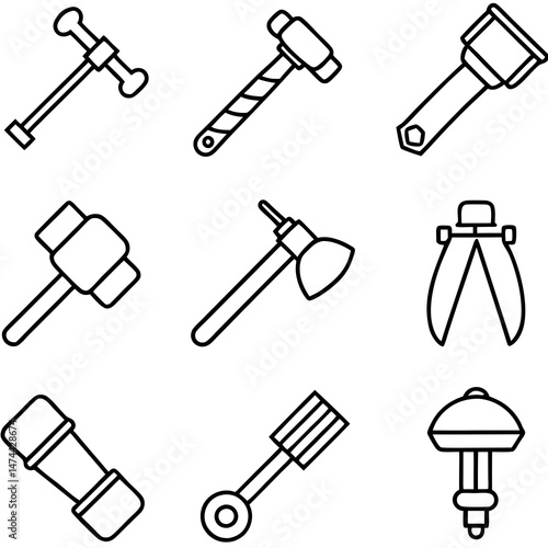 Outlined tools collection on white background, simple linear design